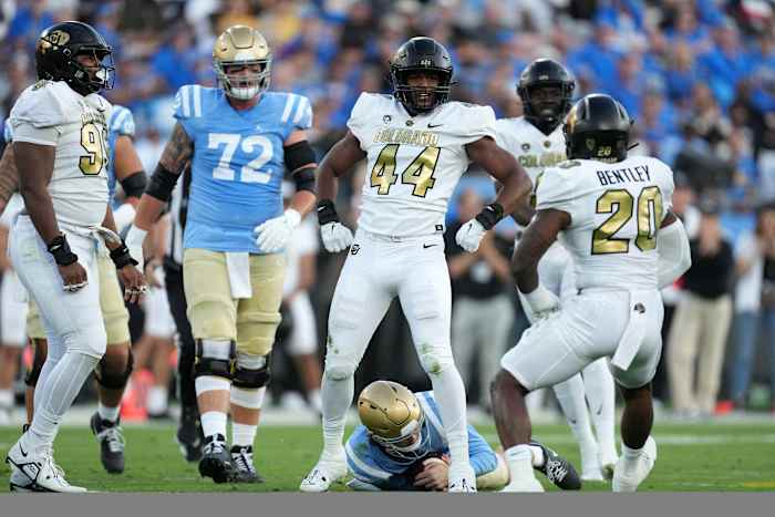 Colorado Buffaloes linebacker Jordan Domineck (44) celebrates after sacking UCLA Bruins quarterback Ethan Garbers (4) in the first half at Rose Bowl